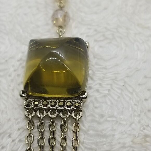 Ann Taylor Necklace Square Lucite Crystal Green Five Multiple Chains Gold - Picture 8 of 10